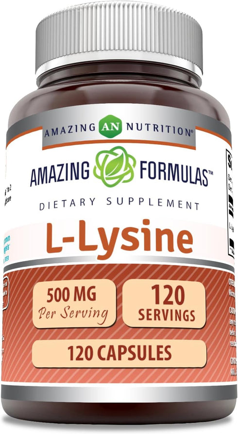 Amazing Formulas L-Lysine 500 mg Capsules: Non-GMO Amino Acid Supplement, 120 Count