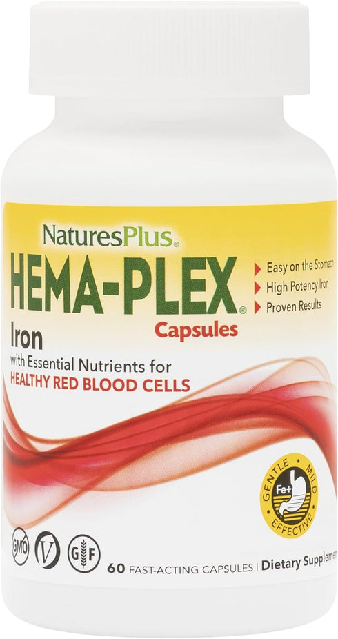 NaturesPlus Hema-Plex Iron - 60 Fast-Acting Capsules - 85 mg Chelated Iron + Vitamin C & Bioflavonoids
