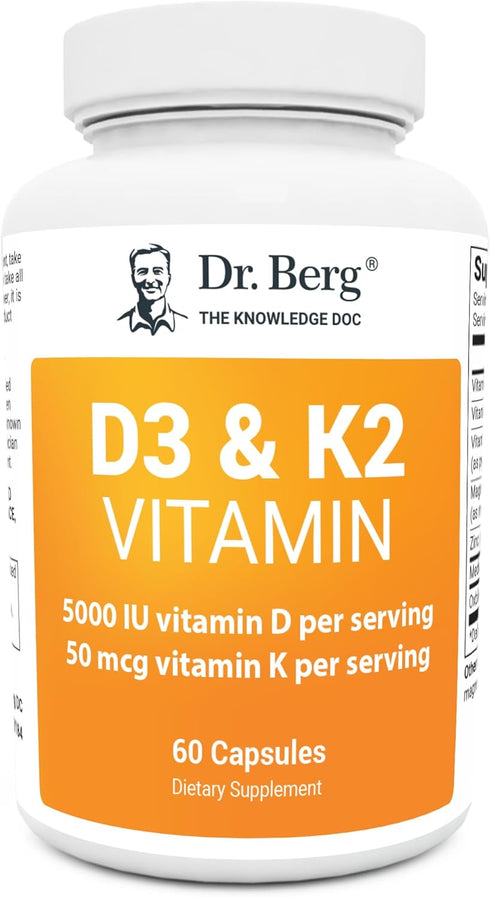 Dr. Berg D3 K2 Vitamin 5000 IU w/MCT Oil - 60 Capsules, Includes 50 mcg MK7 Vitamin K2, Zinc & Magnesium for Absorption
