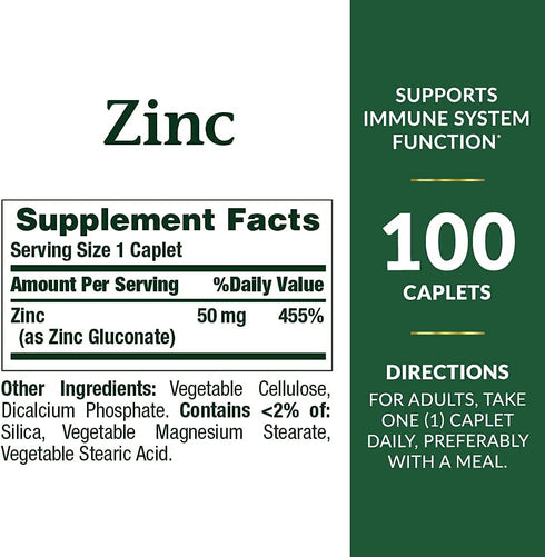 Nature's Bounty Zinc 50 mg Caplets, Unflavored, 100 Count, Pack of 2