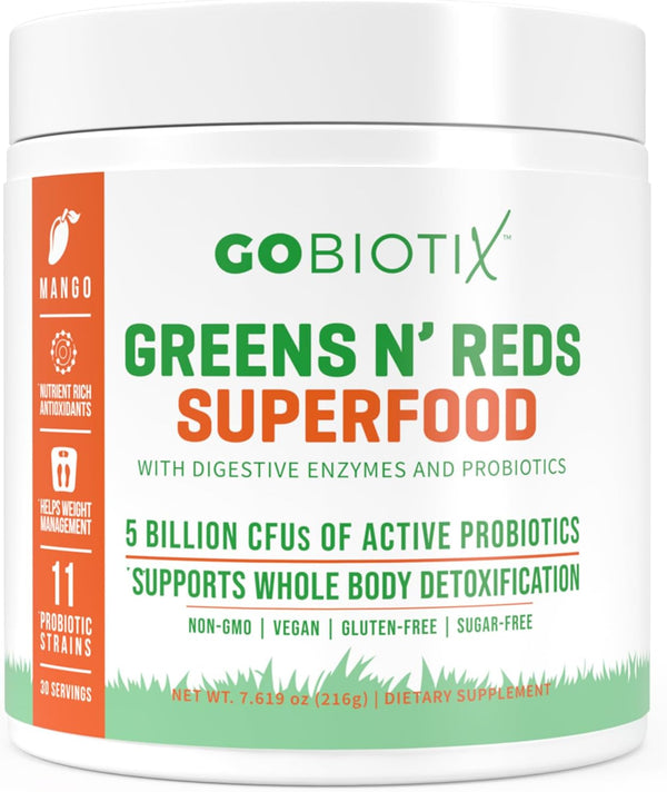 GOBIOTIX Super Greens and Reds Powder, Probiotic Supplement with Digestive Enzymes, Organic Whole Foods (Mango)