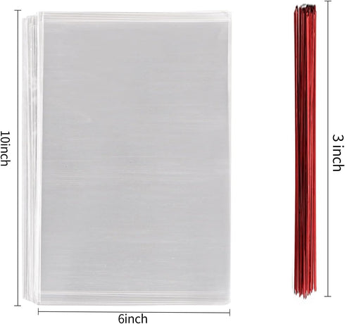100 Pcs Clear Flat Cello Cellophane Treat Bags 10 in x 6 in with 5 Random Twist Ties for Bakery, Cookies