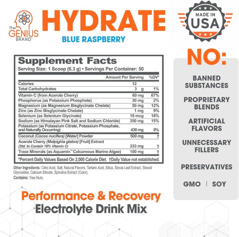 Genius Hydrate Powder Drink Mix - Blue Raspberry, 50 Servings, Natural Electrolyte Hydration Booster, Sugar Free