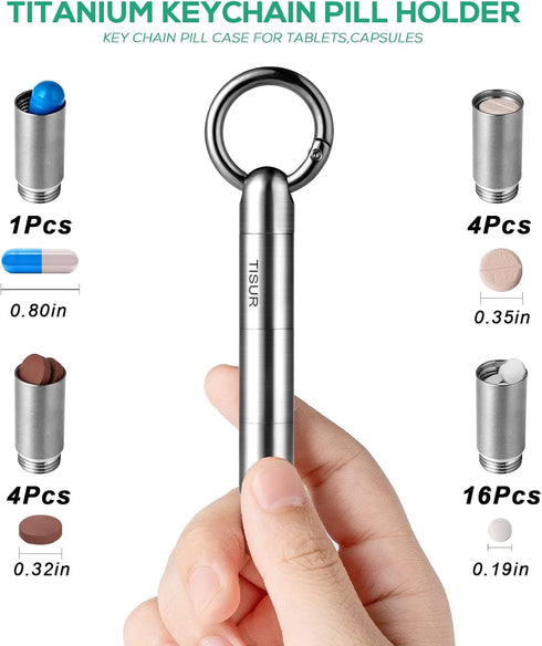TISUR Micro Keychain Pill Holder, Waterproof Titanium Pill Case for Travel, Purse, Pocket, Extended Upgrade