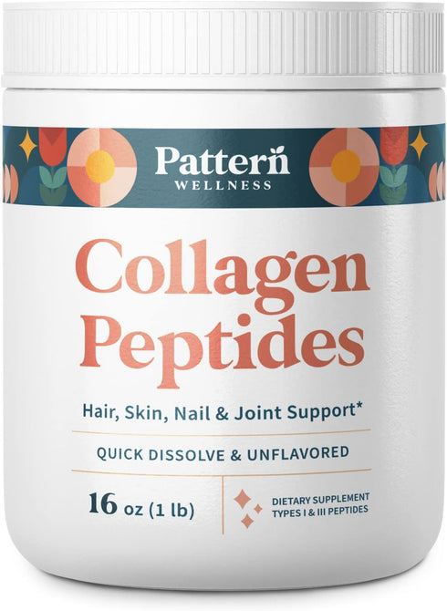 Pattern Wellness Collagen Peptides Powder (Type I & III) - Grass Fed & Pasture Raised, Hydrolyzed Collagen for Hair,