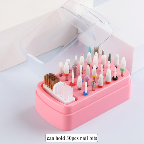 2 in 1 Pink Nail Drill Bit Holder and Cleaner Brush Case, 30 Holes Dust-proof Nail Bit Organizer Storage Box
