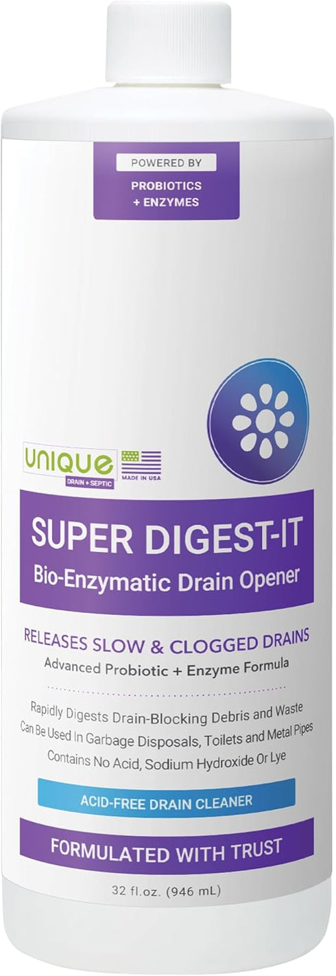 Unique Super Digest-It Bio-Enzymatic Drain Opener, Powerful Clog Remover for Toilet, Sink, Shower, Bathtub, 32 fl. Ounce