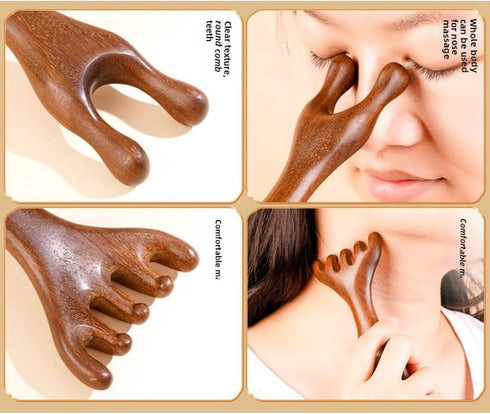 M.lemo925 (5+2-Claws) Golden Sandalwood Massager Tool Eye Massage Device Scalp Gua Sha Wooden Comb Forehead Massage
