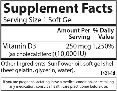 Carlson Vitamin D3 10000 IU (250 mcg) Softgels, 120 Softgels for Bone & Immune Support, Gluten Free