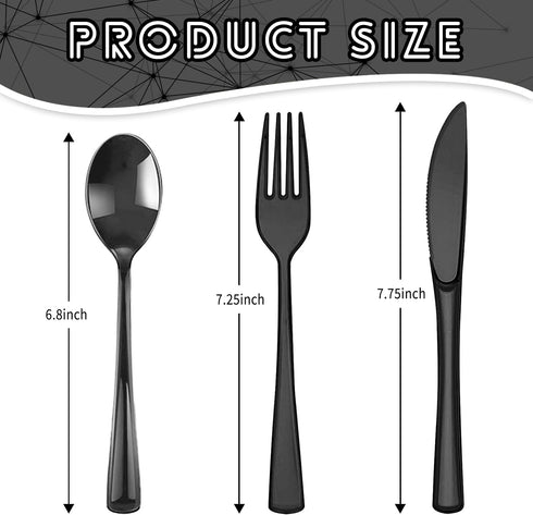 150 Pack Plastic Silverware,Disposable Cutlery Set Heavy Duty Utensil Sets 50 Forks 50 Knives 50 Spoons for Brithday, Wedding,Home Office School Party Picnics Restaurant Outdoor Events(Black) by JSQBSECL