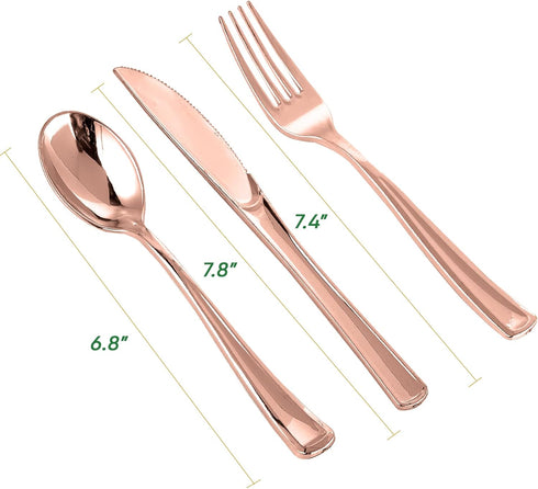 FOCUSLINE 75 Pack Rose Gold Plastic Silverware Set, 25 Forks, 25 Knives, 25 Spoons, Heavy Duty Disposable Cutlery