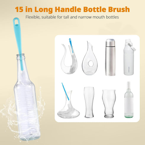 OUTXE 5 Pack Bottle Brush Set, 5-in-1 Water Bottle Cleaner, 15" Long Handle, 3 Straw Brushes, Detail Brush