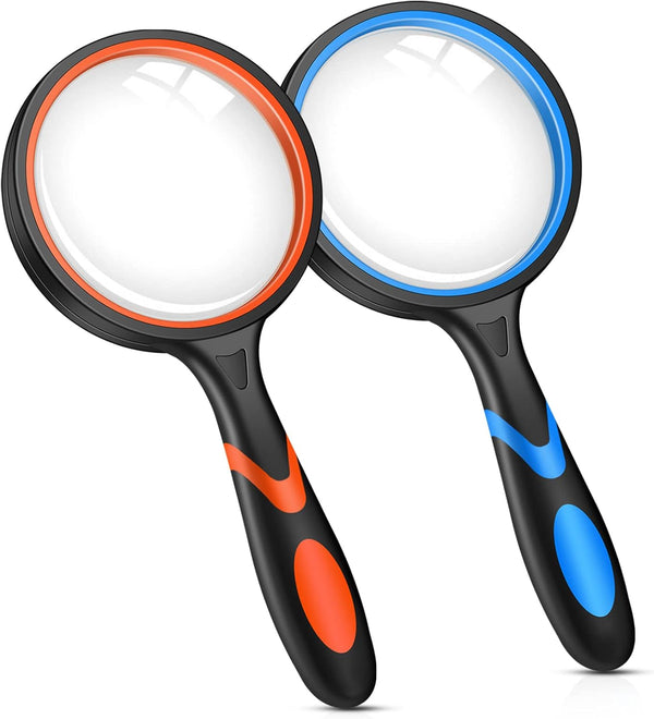 2PCS Upgrade 10X Magnifying Glass - Large Handheld Magnifier for Kids/Seniors Reading, 3 Inch Shatterproof Rubber Handle