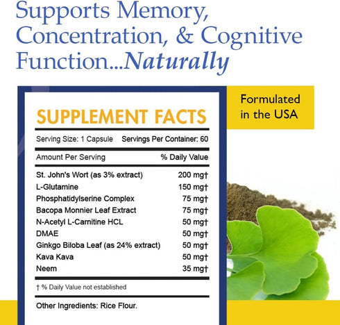 Nutrition Essentials Nootropic Brain Support Supplement, Caffeine-Free Capsules with St. John's Wort & Ginkgo Biloba
