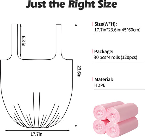 Portable Trash Bags, 2-4 Gallon, 120 Counts, Strong Thicken Small Garbage Bags, Pink