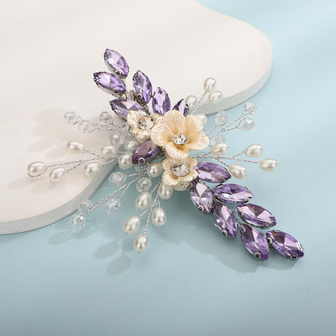 Xerling Light Purple Rhinestones Crystal Flower Hair Barrettes, Boho Bridal Hair Accessories