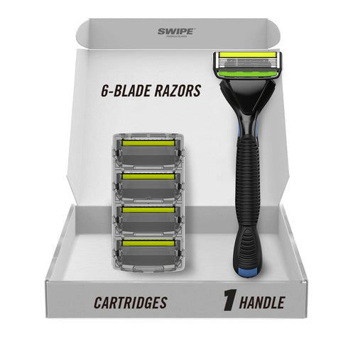 SWIPE Premium Men's 6-Blade Razor Kit with Flex Head Handle + 4 Refills (No Trimmer)