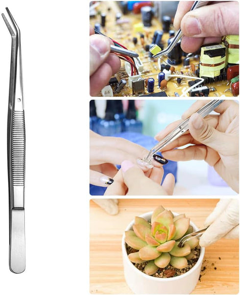 Stainless Steel Tweezers with Curved Serrated Tip, Multipurpose Sewing Machine Tweezers Forceps (2 Pcs Set)