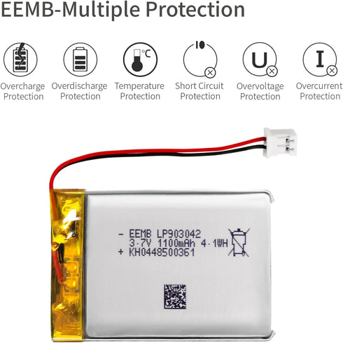 EEMB 3.7V 1100mAh Lithium Polymer Battery 903042, Rechargeable Pack with JST Connector