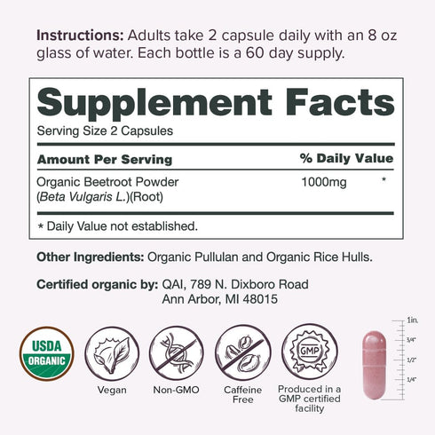 Sur Organic Beet Root Capsules 1000mg - Nitric Oxide Superfood for Healthy Circulation & Increased Energy, 120 Capsules