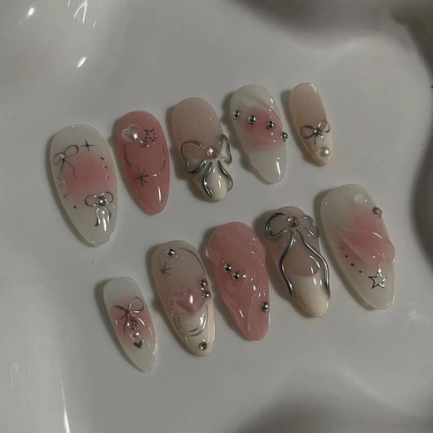 Press on Nails Medium Almond SWEKKE, Full Cover Fake Nails with 3D Bow Designs, 24Pcs Cute Acrylic Nails