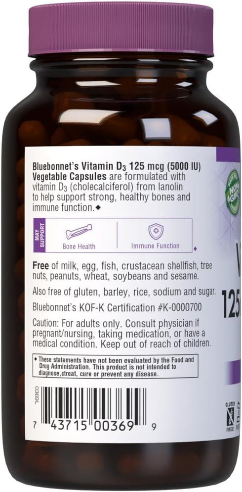 Bluebonnet Vitamin D3 5000 IU Vegetable Capsules - 120 Count for Immune Support