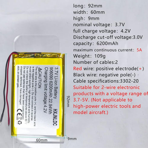 HXJNLDC 3.7V 6200mAh 906090 3.7-5V 2-Wire DC Rechargeable Lithium Polymer Battery, Suitable for DIY Electronic Products