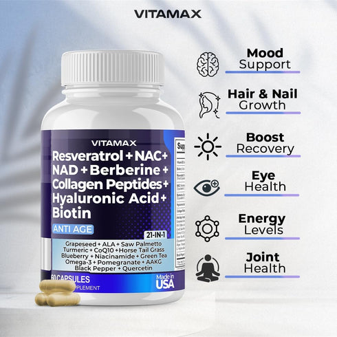 Vitamax Resveratrol NAD+ Berberine Hyaluronic Acid - Collagen Peptides for Hair, Nail, Skin & Joint - 120 Count