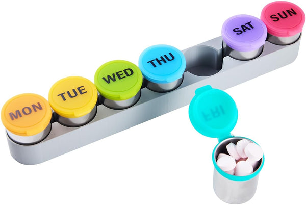 sneovvin Weekly Stainless Steel Pill Organizer 7 Day, Magnetic Refrigerator Mountable Pill Box