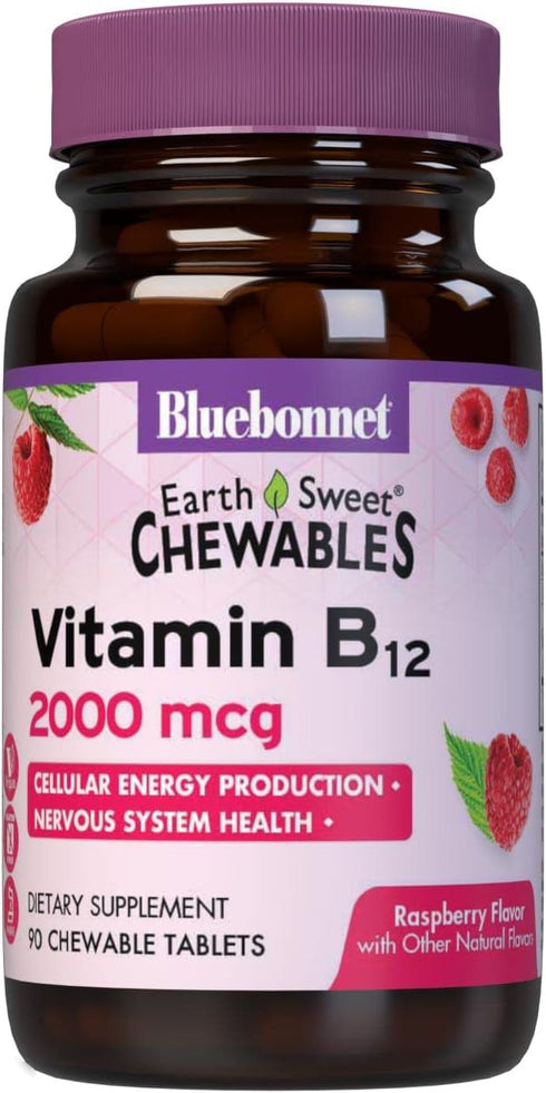 Bluebonnet Nutrition Earth Sweet Vitamin B12 2000 mcg Chewable Tablets, Vegan, Raspberry Flavored, 90 Servings