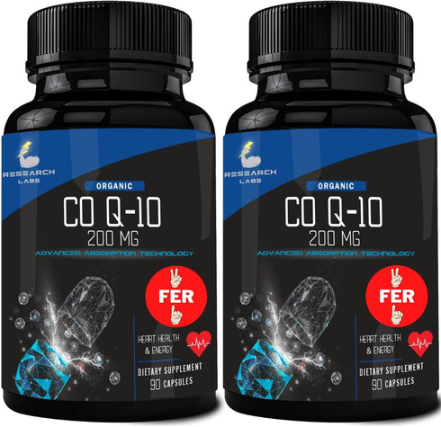 Research Labs Advanced Absorption 200mg CoQ10 with Black Pepper Extract - 180 Softgels for Heart Health Support, Energy