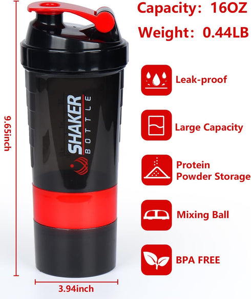 Protein Shaker Bottle, 16 oz Sports Water Bottle with Storage, Non-Slip 3 Layer Twist Off Cups & Pill Tray