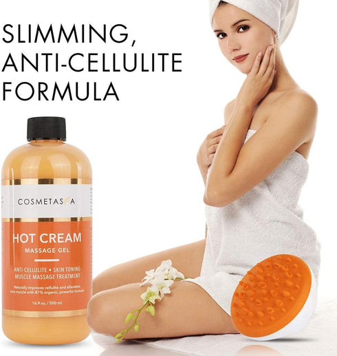 Cosmetasa Hot Cream Massage Gel with Massager Mitt - 87% Organic Cellulite Cream, 8.8 oz