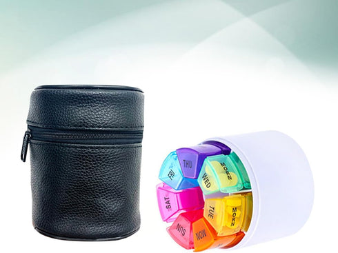 HONITANO 28 Weekly Pill Organizer Compartments Portable Round Medicine Box with Colorful Pu Case for Travel and Daily