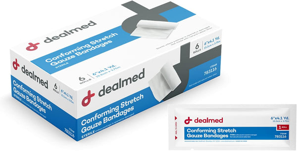 Dealmed 6" Sterile Conforming Stretch Gauze Bandages, 4.1 Yards Latex Free Stretched Dressing Wrap, Medical