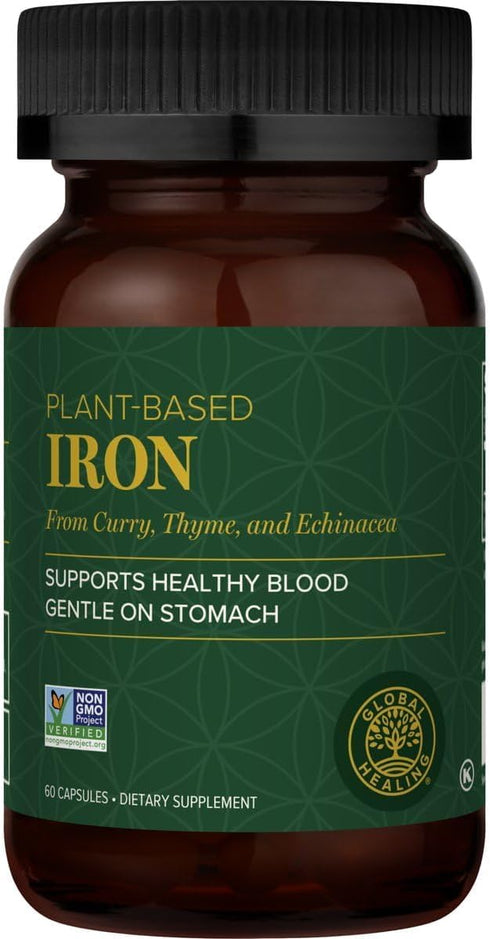 Global Healing Center Iron Supplement for Women and Men, Blood Builder Vitamin Capsules with Curry Plant Extract, 60