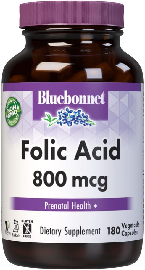BlueBonnet Nutrition Folic Acid 800mcg, Healthy Neurological Development, Vegan, 180 Count, Non-GMO