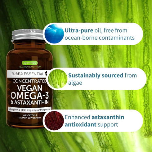 Pure & Essential Vegan Omega 3 & Astaxanthin, 600mg DHA & EPA, 60 Small Softgels, Non-GMO