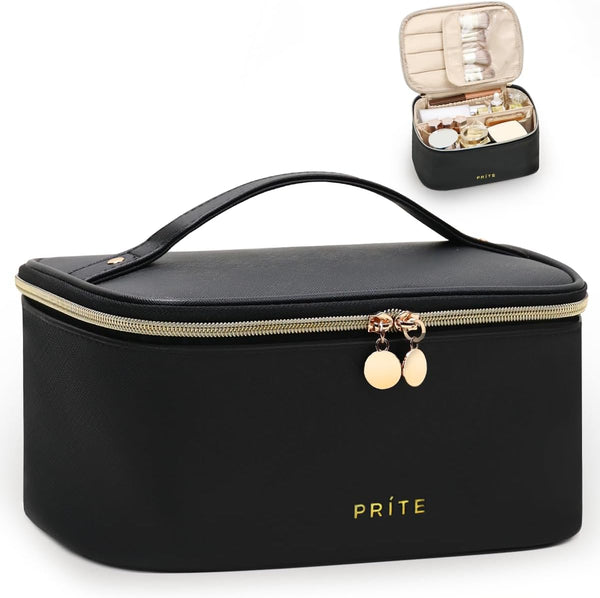 Makeup Bag, Large Capacity Portable Travel Cosmetic Organizer for Women with Handle and Divider (Black)
