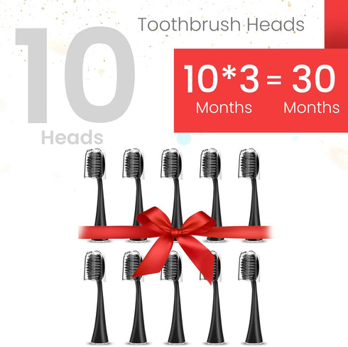 Replacement Toothbrush Heads for Burst Sonic Toothbrush, Charcoal Soft Bristles, Black, Pack of 10 with Dust Cover Caps