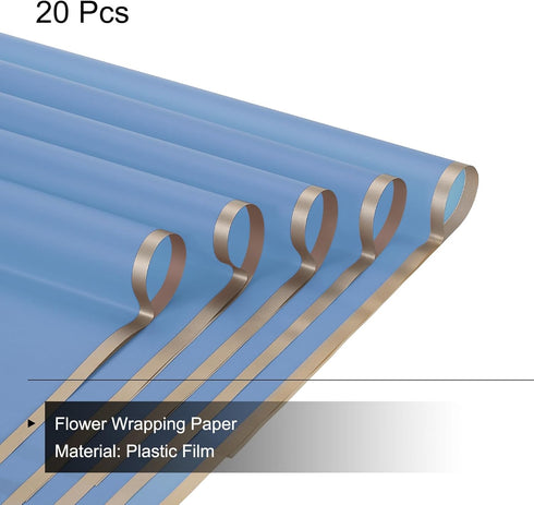 MECCANIXITY 20 Pcs Gold Edge Flower Wrapping Paper, Sky Blue 22.8x22.8 Inch Waterproof for Florist Bouquet DIY Crafts