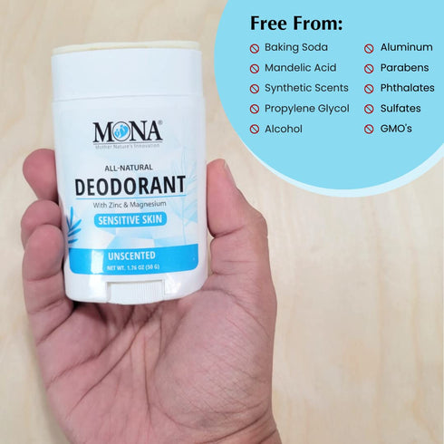 MONA BRANDS All Natural Deodorant for Women & Men, For Sensitive Skin, Unscented 1.76 Oz