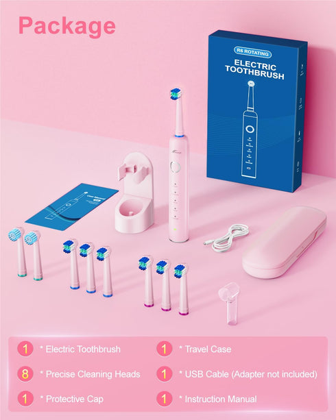 MCUDKIK 8 (2 5 2-Minute Rotating Electric Toothbrush for Adults, Brush Heads Types) & Travel Case, Cleaning Modes