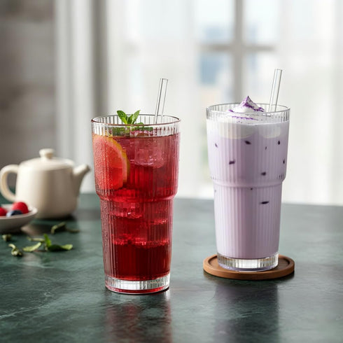 HYLEBOR 20 oz 6-Piece Set, 2 Ribbed Glass Tumblers with Lids and Glass Straws Glassware Thickened Wall, Ideal for Iced