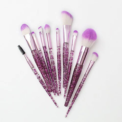 10 Pcs Crystal Unicorn Fan Makeup Brush Set, Professional Face Cosmetics for Blending, Foundation, Eye Shadows
