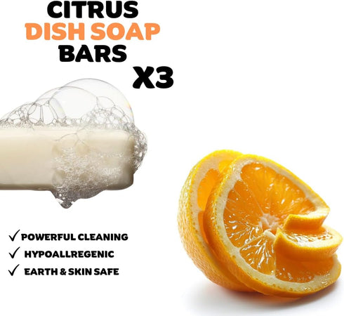 Citrus Essential Oil Dish Soap Bar, Organic, Pack of 3 (3.8 oz each), Non-Toxic, Sustainable