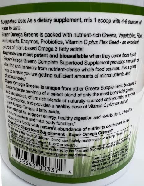 Super Omega Greens Complete Superfood Supplement with Greens, Vegetables, Flax, Fiber, Antioxidants, Enzymes,