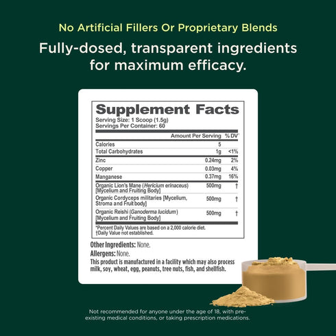 Immune 3.17 oz (60 The Genius Brand Mushroom Powder - Includes Lion's Mane, Cordyceps & Reishi - Supports Brain Health