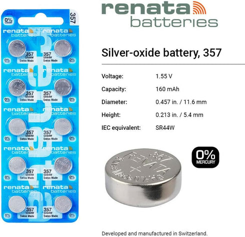 Renata 357 SR44W 1.55V 357 (2 Count) Batteries - Silver Oxide Watch Battery