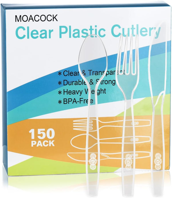 Heavy Weight Plastic Silverware Set, 150 Pcs Disposable Utensils Cutlery for Wedding Party Supplies and Everyday Use